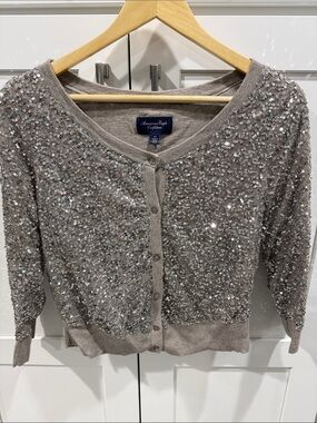 American Eagle Taupe Sequin Embellished Cardigan with 3/4 sleeves.